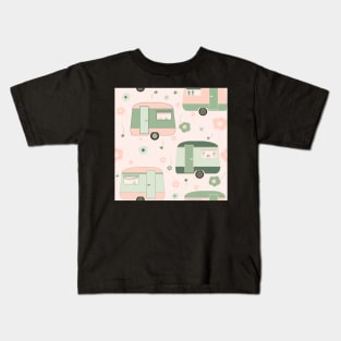 Repeat pattern of cute vintage caravans in pastel pinks and greens Kids T-Shirt